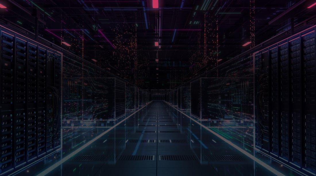 Moderne Rechenzentrumsanlage mit fortschrittlicher digitaler Infrastruktur für Cloud-Computing, Datenspeicherung und Netzwerksicherheit.