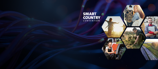 Eine Collage aus Bildern zum Thema Fördermittelverwaltung auf einem dunklen Hintergrund worauf das Logo der Smart Country Convention platziert ist