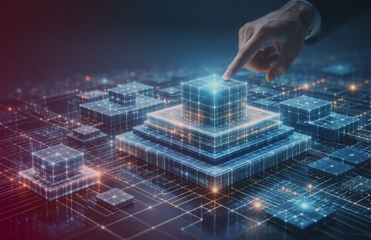 Eine Hand berührt einen leuchtenden, transparenten Würfel, der auf einer mehrschichtigen digitalen Plattform aus vernetzten Blöcken schwebt. Die Szene vermittelt ein futuristisches, technologisches Netzwerk mit Fokus auf Steuerung, Vernetzung und digitale Infrastruktur.