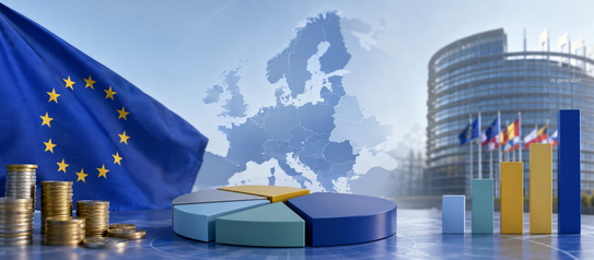 EU-Flagge vor Europakarte und EU-Parlament mit Münzstapeln sowie Diagrammen als Symbol für den EU-Haushalt und die Förderperiode ab 2028.