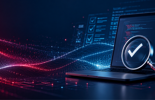 Laptop mit Software-Testoberfläche, Bug-Symbol und Lupe mit Haken vor abstrakten digitalen Datenwellen.