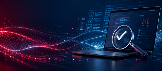 Laptop mit Software-Testoberfläche, Bug-Symbol und Lupe mit Haken vor abstrakten digitalen Datenwellen.