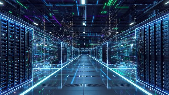 Moderne Rechenzentrumsanlage mit fortschrittlicher digitaler Infrastruktur für Cloud-Computing, Datenspeicherung und Netzwerksicherheit.