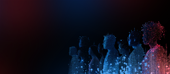 Abstrakte digitale Silhouetten von Menschen in blauen und roten Lichtpartikeln, die in die Ferne blicken.