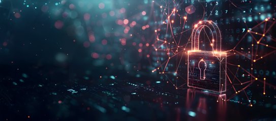 Leuchtendes Vorhängeschloss in einer digitalen Netzwerkumgebung mit verbundenen Datenpunkten.