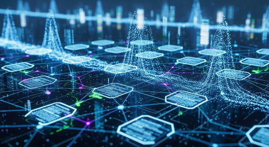 Abstrakte digitale Netzwerkdarstellung mit leuchtenden, miteinander verbundenen Knoten und Datenfeldern in Blau- und Türkistönen.