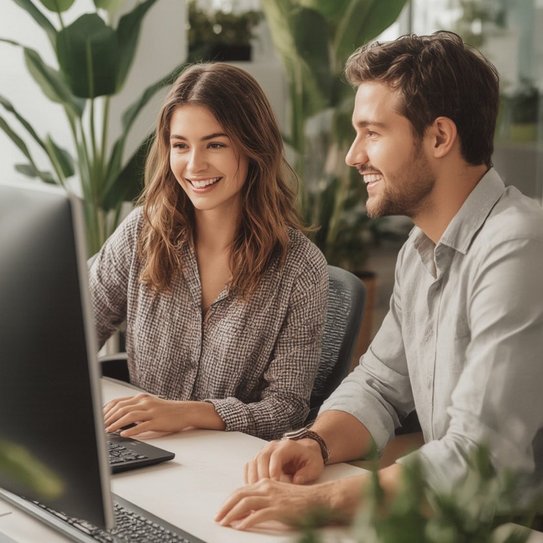 Zwei Personen sitzen an einem Arbeitsplatz vor einem Computer