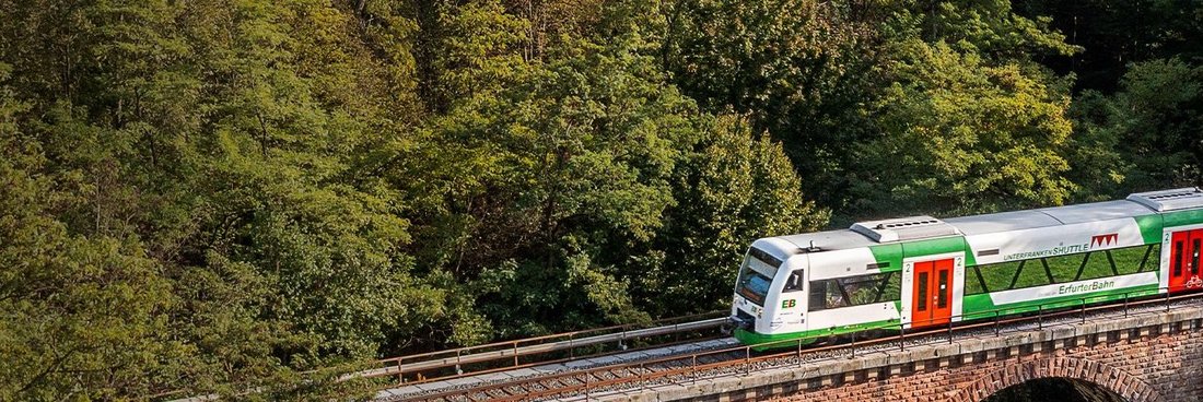 Ein Regionalzug der Erfurter Bahn fährt über eine Steinbogenbrücke durch eine dicht bewaldete Landschaft.