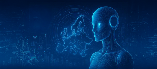 Futuristische digitale Illustration mit einer humanoiden, blau leuchtenden KI-Figur rechts im Bild, einer leuchtenden Europakarte im Hintergrund und angedeuteten Stadtsilhouetten und Schaltkreisen im unteren Bereich, die technologische Vernetzung und Innovation in Europa symbolisieren.