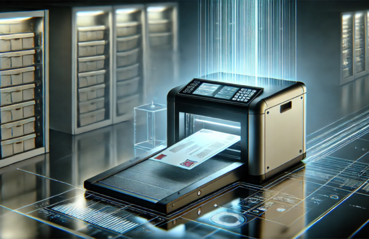 Digital dargestellter Dokumentenscanner in einer modernen IT-Umgebung, der ein Schriftstück verarbeitet. Leuchtende Datenlinien und Server im Hintergrund symbolisieren automatisierte Dokumentenverarbeitung, Digitalisierung und elektronische Datenübertragung.
