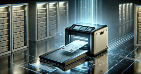 Digital dargestellter Dokumentenscanner in einer modernen IT-Umgebung, der ein Schriftstück verarbeitet. Leuchtende Datenlinien und Server im Hintergrund symbolisieren automatisierte Dokumentenverarbeitung, Digitalisierung und elektronische Datenübertragung.