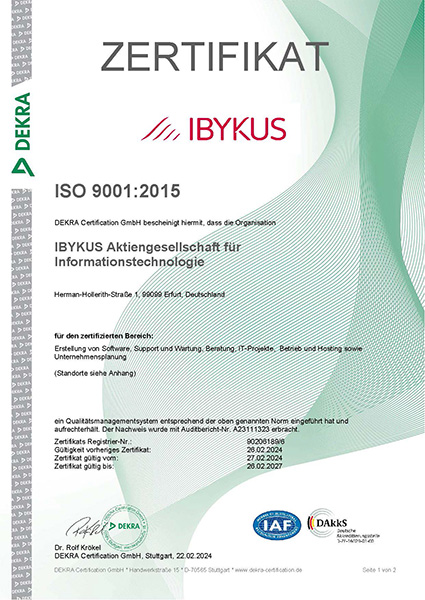 DEKRA-Zertifikat ISO 9001:2015